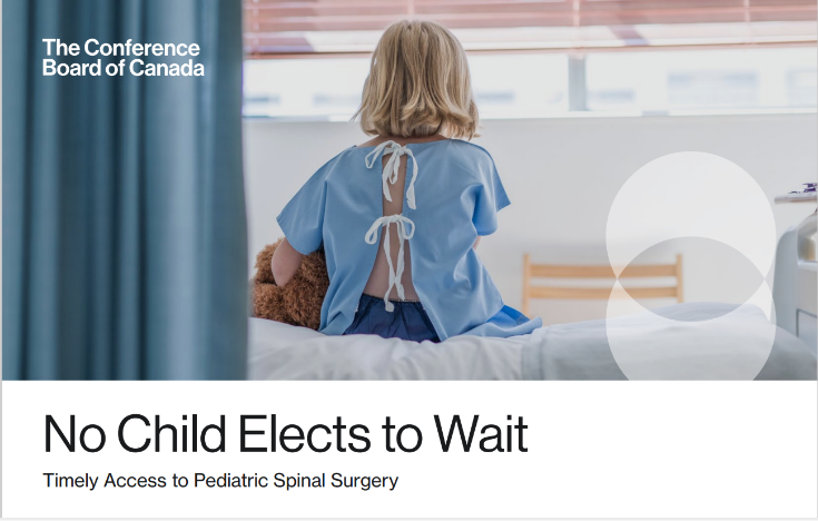 The cover of the No Child Elects to Wait report. A young child with long hair sits on a hospital bed facing away from the viewer.