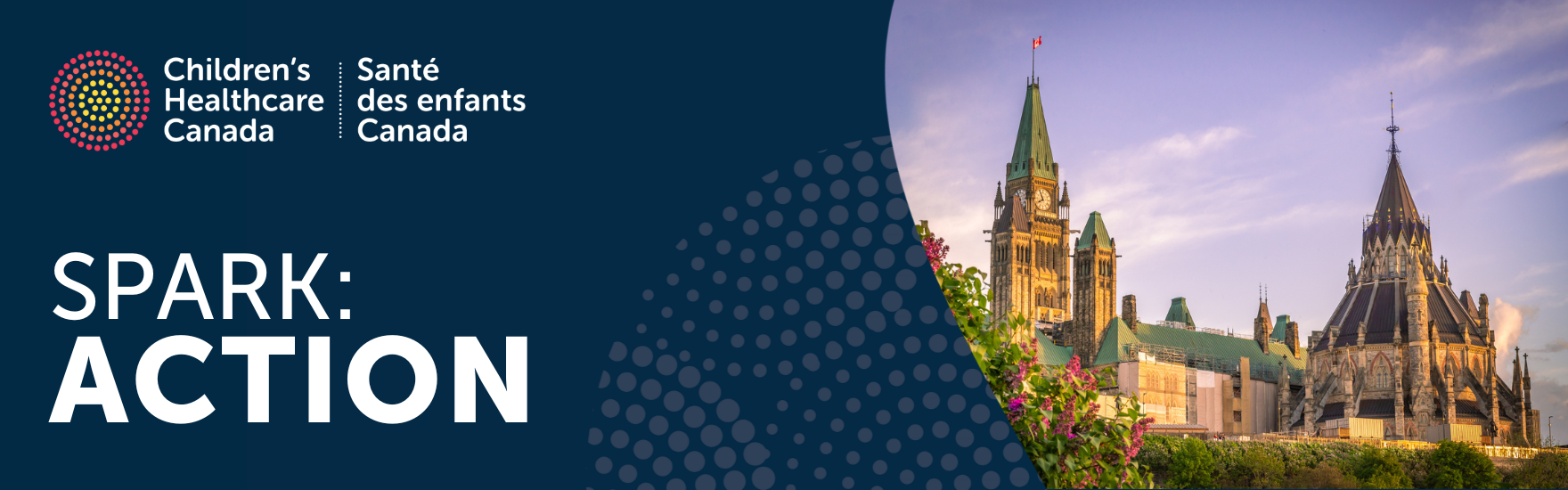 A website banner with the Children's Healthcare Canada logo and text that reads SPARK: Action. The banner includes an image of the Parliament buildings in Ottawa, Ontario.