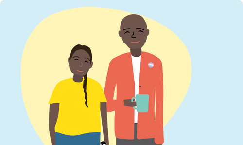 illustration of an adult in an orange sweater holding a coffee and a child in a yellow shirt