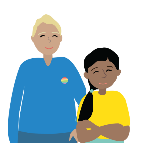 illustration of a man in a blue shirt with a rainbow pin standing next to a young girl in a yellow shirt