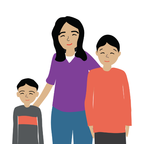 illustration of a mom in a purple shirt with her arms on the shoulders of a small boy and teen boy