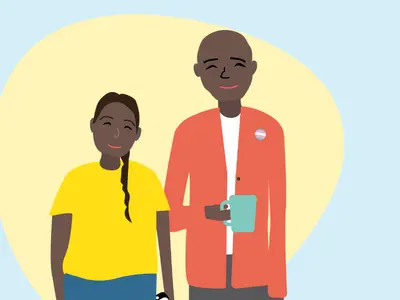 illustration of an adult in an orange sweater holding a coffee and a child in a yellow shirt