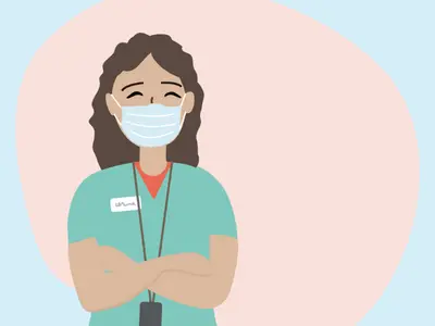 illustration of a healthcare professional in green scrubs with their arms crossed